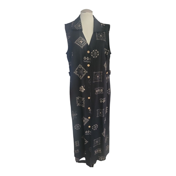 Vintage Dana Kay Sleeveless Midi Dress Black Geometric Print Size 16 Style 4335 - Picture 1 of 8